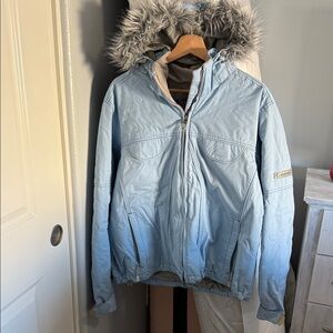 Women's Light Blue Ski Jacket with Faux Fur Hood